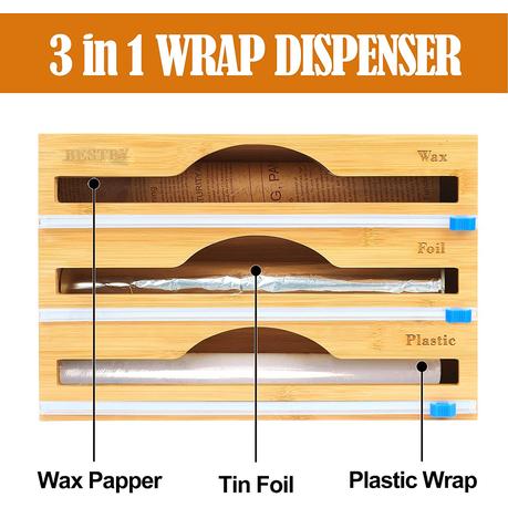 3-in-1 Bamboo Food Wrap Dispenser/Organizer with Cutters - M