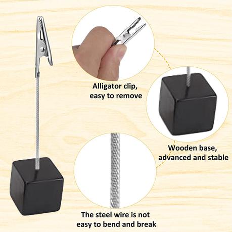 Place Card /Table Number Holder with Wood Cube Base and Clip (10 Pack) - Black - Image 3