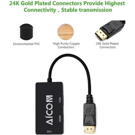 AICOM - DP Male to HDMI/DVI/VGA Female 3-in-1 Adapter Converter Cable - Image 4