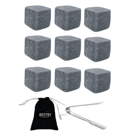 BESTBY 9 Whiskey Stones with Picking Tong and Storage Sack - Set of 2