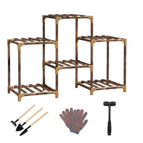 Bestby- 6/8 Tiered Carbonized Wood Pot Plant Flower Stand Shelf with Tools - 61 cm