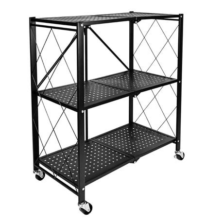 Bestby - 3-Tier Heavy Duty Foldable Metal Storage Shelf Rack with Wheels