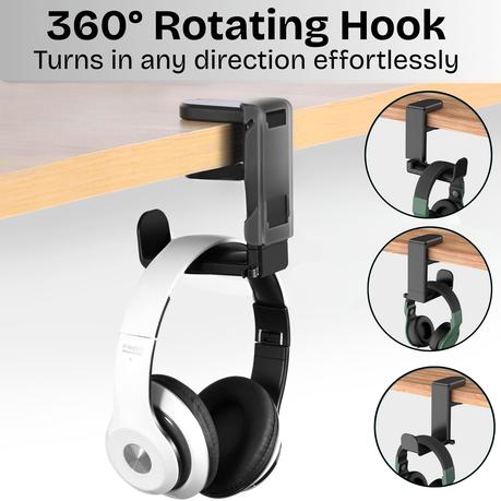 AICOM - Resin Headphone Stand With 360 Rotating Display & Cable Holder - Black - Image 3