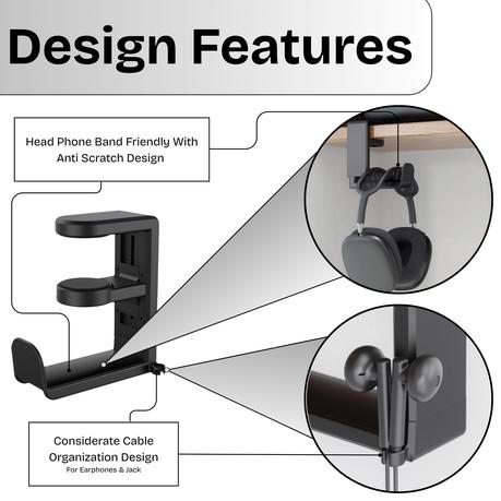 AICOM - Resin Headphone Stand With 360 Rotating Display & Cable Holder - Black - Image 4