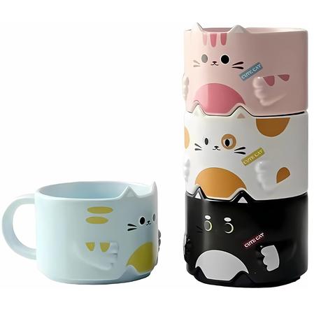 Bestby-Heat-Resistant Stackable Cartoon Cat Ceramic Coffee Mugs Set of 4