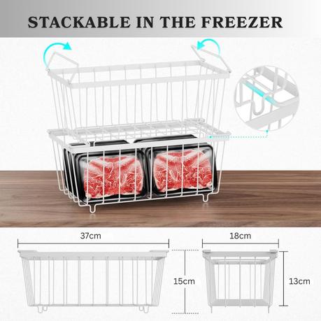 Bestby - 4 Pack Stackable Metal Freezer Baskets Organizers with Handles - White - Image 3