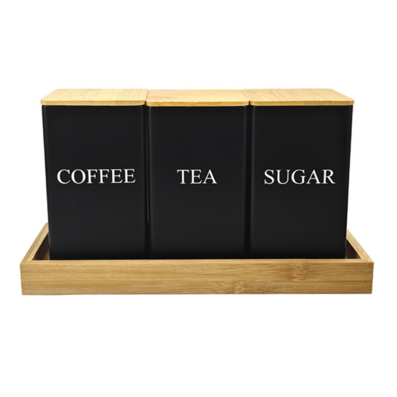Bestby -3-Pcs Canister Set ,Tea, Coffee, Sugar Jars with Bamboo Lid & Tray - Black