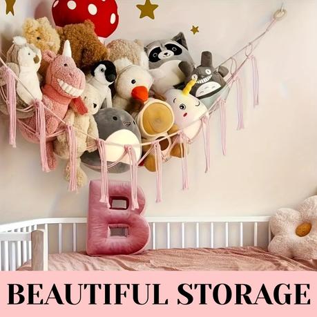 Bestby-Cotton Rope Hammock Organizer Wall Hanging Storage Net for Plush Toy - Pink - Image 3