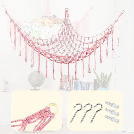 Bestby-Cotton Rope Hammock Organizer Wall Hanging Storage Net for Plush Toy - Pink - Image 4