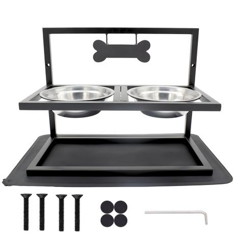 Bestby-3 Height Adjustable Dog Bowls Feed Station Stand with Mat & Bone Tag